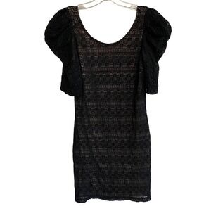 DKNY Puff Sleeve Black Lace Nude Straight Pencil Glam Mini Cocktail Dress- 6 NWT